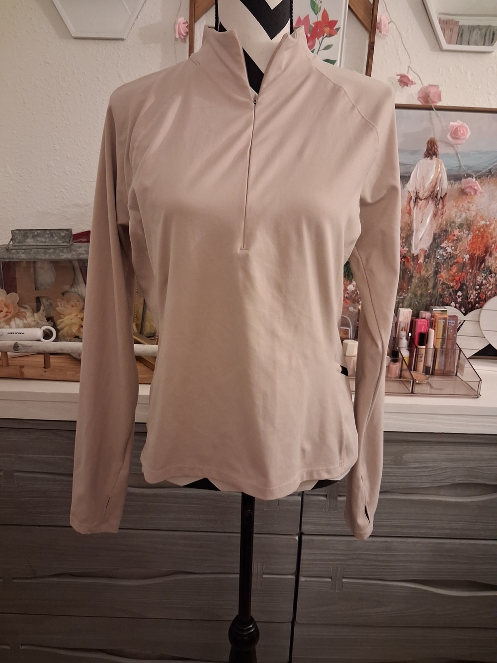 Reebok Beige Long-Sleeve Quarter-Zip Top